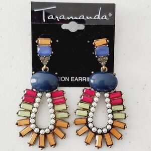 Taramanda Multicolored Dangle Post Earrings Beaded Wearable Art NEW Bold